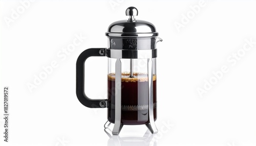 French press brewing coffee with a shiny stainless steel design and rich dark liquid ready to be poured