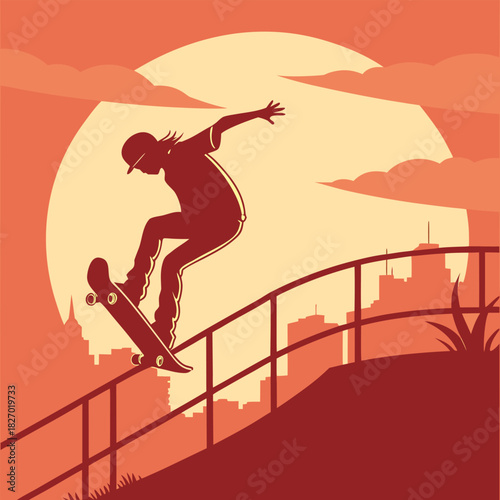 Skateboarder grinding rail with city skyline at dusk