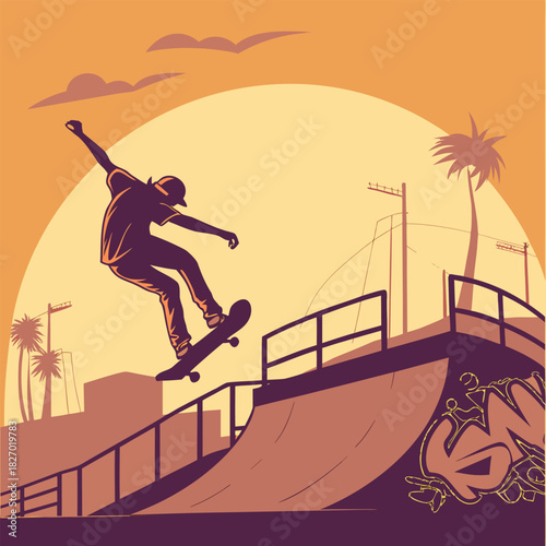 Skateboarder jumping at skatepark with graffiti and city view
