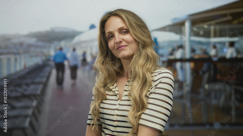Fototapeta premium Confident woman shows flowing hair while smiling on a boat, young blonde traveler enjoying a cruise from an outdoor deck overlooking ocean.