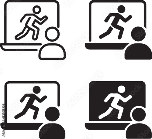 Isolated Virtual workout session icon, Virtual exercise, online fitness class, black vector, minimal thin stroke, vector, isolated on white background, grid layout, workout icon, training session