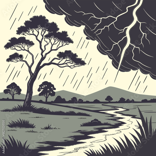 Stormy Landscape With Lightning And River rain thunder