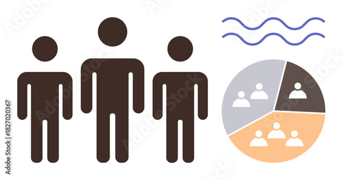Three human figures beside a segmented pie chart with group icons and wave lines above. Ideal for teamwork, diversity, segmentation, collaboration, hierarchy, social relations, and communication