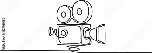 Continuous single line drawing of a vintage film camera symbolizing classic animation history in a clean minimalist retro outline vector illustration