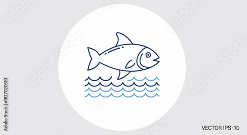 Simple Line Art Icon of a Fish Jumping Over Waves.