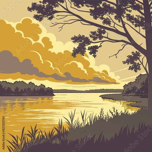 Stylized River Landscape with Dramatic Clouds at Sunset