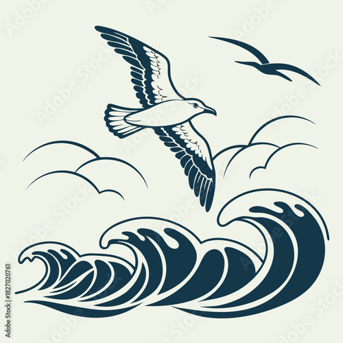 Stylized seagull flying over ocean waves with clouds
