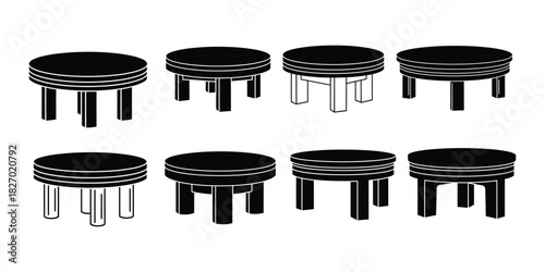 Collection of eight black and white round tables isolated on white background