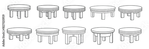 Ten round tables with different leg designs isolated on white background