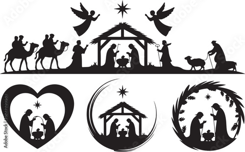 Set of holy Christmas scene with silhouettes christian Nativity. Holiday concept collection with traditional characters holy night. Vector illustration of sacred elements for holiday cards
