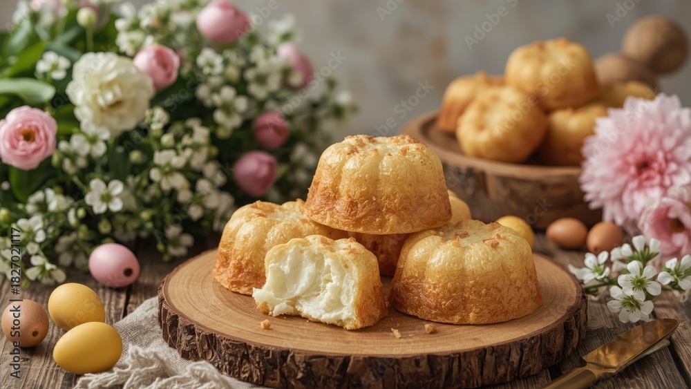 Fototapeta premium Pastries with floral decoration and eggs on a rustic wooden surface
