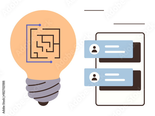 Light bulb with maze graphic next to conversation interface with user profiles and messages. Ideal for creativity, innovation, design thinking, brainstorming, user interaction, problem solving