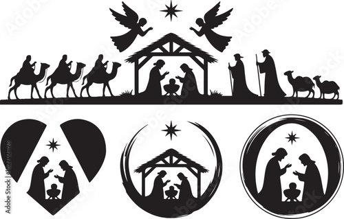 Set of holy Christmas scene with silhouettes christian Nativity. Holiday concept collection with traditional characters holy night. Vector illustration of sacred elements for holiday cards