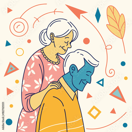 Tender Moment Between Elderly Couple with Abstract Shapes Keywords: elderly couple, love