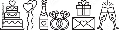 set of wedding icons. outline thin line icons such as envelope, cheers, envelope, earrings, champagne, balloon
