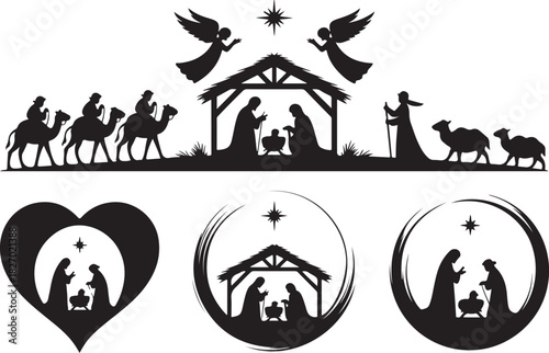 Set of holy Christmas scene with silhouettes christian Nativity. Holiday concept collection with traditional characters holy night. Vector illustration of sacred elements for holiday cards