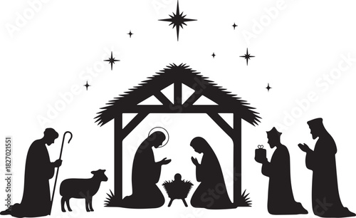 Silhouette Christmas christian nativity scene, illustration Birth of Christ, Christmas Manger scene with baby jesus