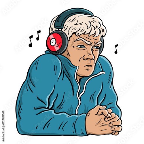 Music critic listening to music in headphones, cartoon vector character