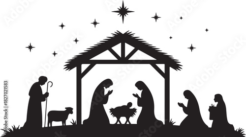 Silhouette Christmas christian nativity scene, illustration Birth of Christ, Christmas Manger scene with baby jesus