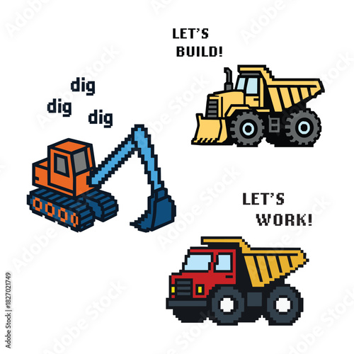 Pixel-style construction vehicles promoting strength, creativity, and playful work motivation for kids
