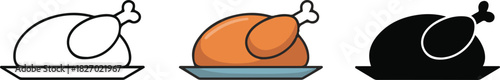 Simple icons of baked bird on platter. Outline, colorful and glyph vector illustration 
