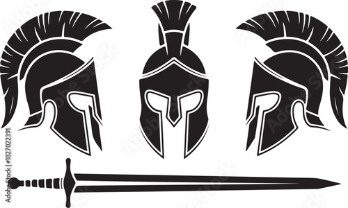 Three spartan helmet and sword icon on white background
