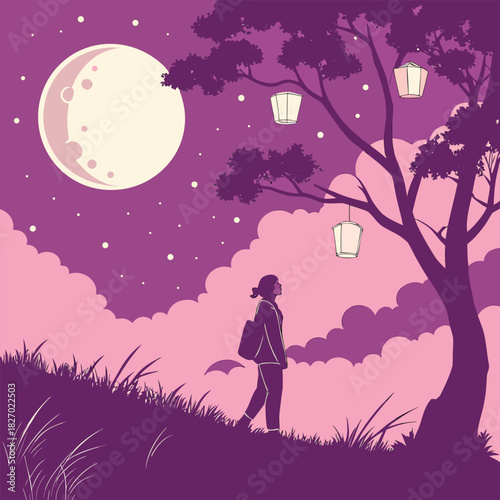 Woman walking under a large moon and lanterns in a stylized landscape