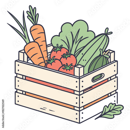 Wooden Crate Filled with Fresh Vegetables Keywords: vegetables, crate, wooden box, fresh