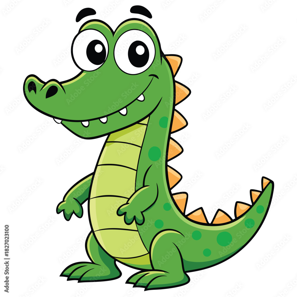 Obraz premium Cheerful Green Crocodile Cartoon Character Standing on a White Background