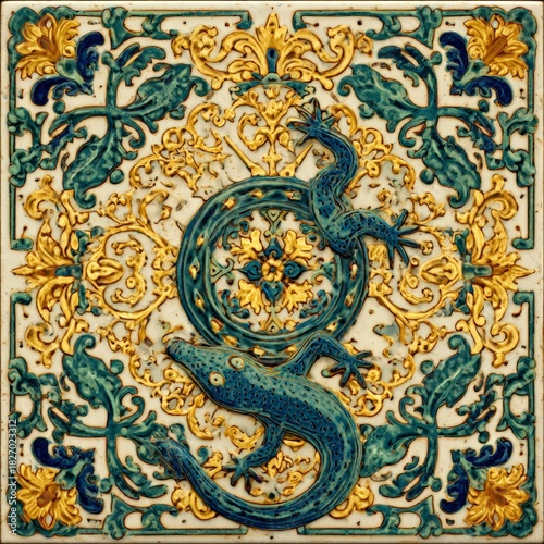 Decorative ceramic tile displays detailed floral motifs and two lizards in blue and gold hues, highlighting artistic craftsmanship and cultural significance in design