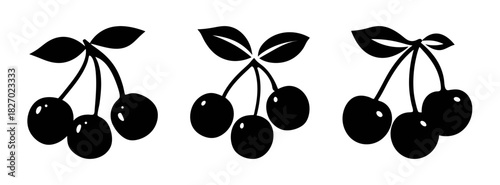 Black and white vector illustration of three bunches of cherries with leaves drawing design
