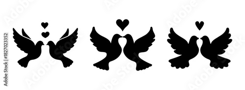Silhouette of love birds doves flying with hearts vector art for wedding invitations and designs