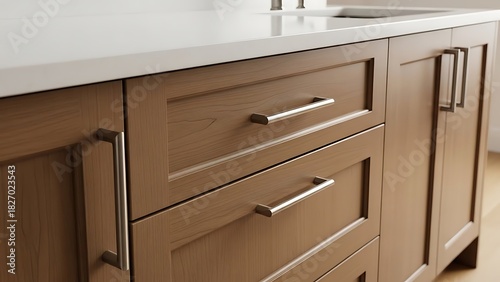 Close-up of a kitchen cabinet with drawers and stainless steel handles, showing detail