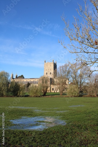 Autumnal view of Tewkesbury Abbey, Gloucestershire.