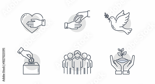 Set of icons representing charity, peace, and community support.