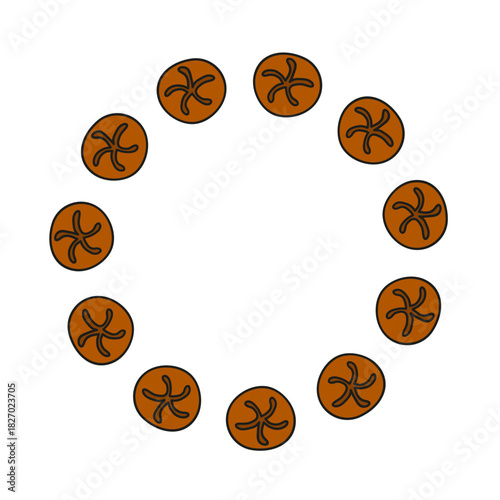 Cute round frame with doodle rye bread isolated on white background.