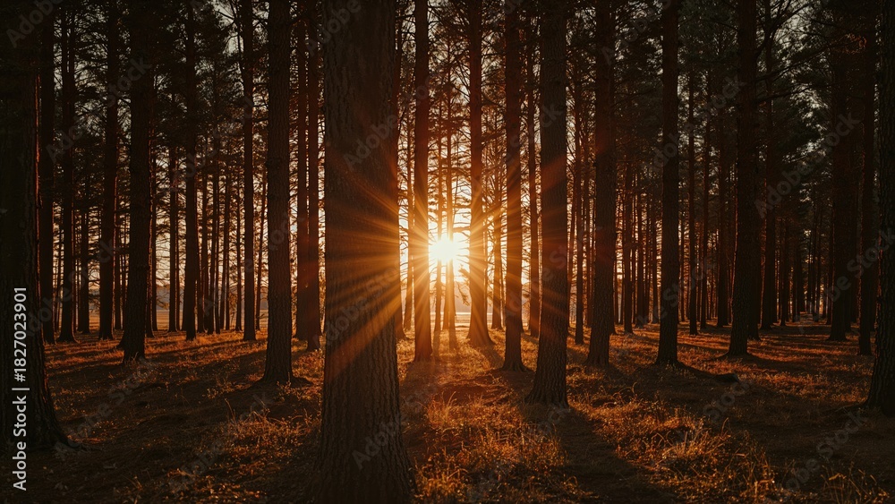 Obraz premium Sunset through a dense forest with tall trees and warm light shining. Nature and woodland scene. The concept of forest and natural environment.