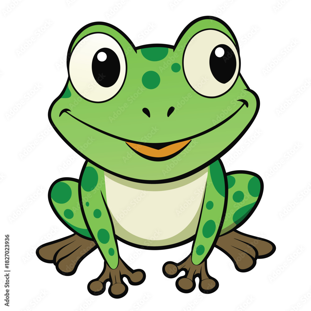 Obraz premium Cheerful Green Frog with Big Eyes and Cartoon Style, on White