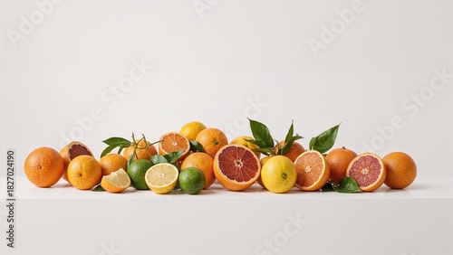 Fototapeta Naklejka Na Ścianę i Meble -  A variety of citrus fruits and oranges with leaves arranged on a white surface. Fresh fruit, citrus, healthy food, and produce.
