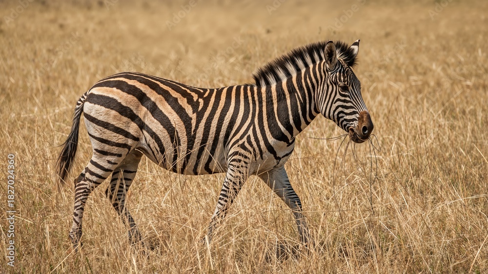 Obraz premium A zebra walking through the dry grassland with a background of golden grass in the outdoors.