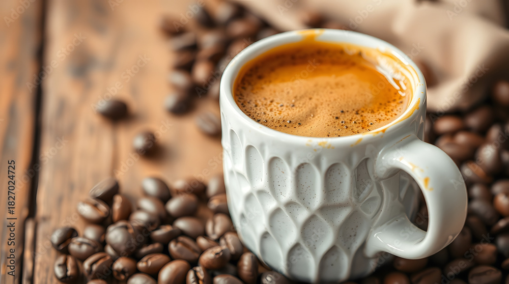 Fototapeta premium Close up of a coffee cup filled with espresso surrounded by coffee beans on a wooden table top view