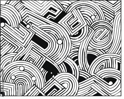 Abstract monochrome background showcases a chaotic composition of curving and angular shapes, creating interest