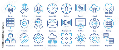 web hosting icon collection set. Containing server, hosting, domain, bandwidth icon. illustration outline color vector.	
