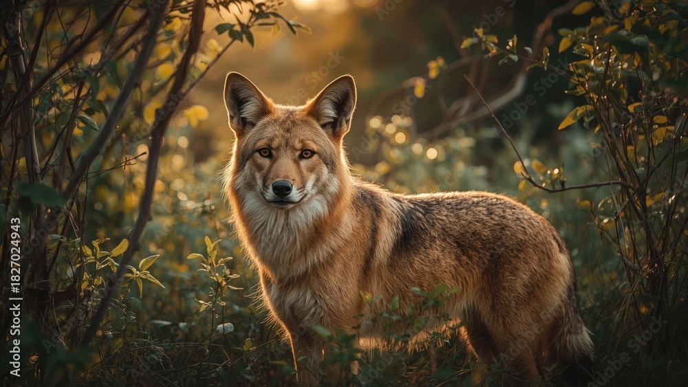 Obraz premium A fox in a forest during sunset with warm lighting and lush foliage. Wildlife and nature scene. Forest habitat and mammal in natural environment.