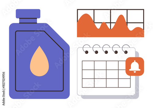Blue oil container, orange analytics chart, spiral-bound calendar, and notification icon. Ideal for planning, analysis, reminders, maintenance organization scheduling time management. Simplistic