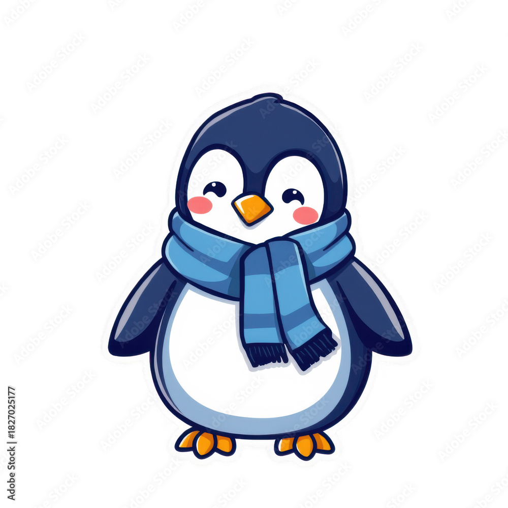 Fototapeta premium Cute cartoon penguin wearing a blue scarf isolated on transparent background