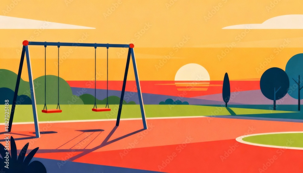 Fototapeta premium A vibrant playground scene featuring a swing set against a colorful sunset, surrounded by lush greenery and gentle hills.