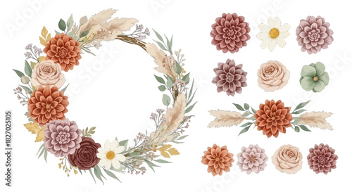 Watercolor boho floral wreath and elements with pampas grass, dahlia, and rose in terracotta and dusty rose tones