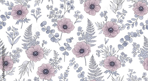 Seamless pattern with delicate watercolor style anemone flower and eucalyptus foliage in soft pastel pink and dusty blue tones on white