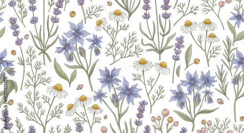 Seamless pattern with delicate watercolor illustration of lavender, chamomile, and blue wildflowers on a for textile design